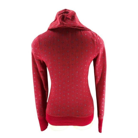 e Womens Sweater Small Red Full Zip Hoodie Hearts Print Drawstring Neck Pockets - Picture 8 of 12